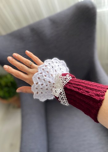 Bordo Dantel Detaylı Örgü Kadın Eldiveni - Görsel 3
