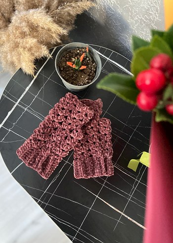 Kahverengi Örgü Bohem Kadın Eldiveni parmaksız eldiven - Görsel 6