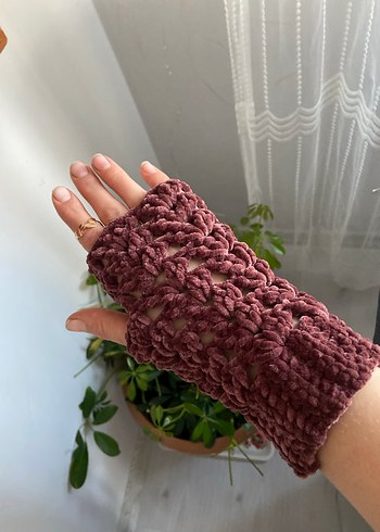 Kahverengi Örgü Bohem Kadın Eldiveni parmaksız eldiven - Görsel 8