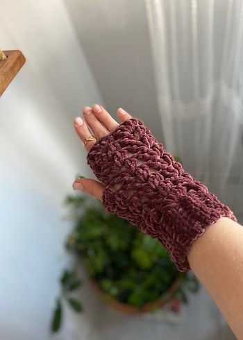 Kahverengi Örgü Bohem Kadın Eldiveni parmaksız eldiven - Görsel 3