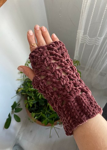 Kahverengi Örgü Bohem Kadın Eldiveni parmaksız eldiven - Görsel 2