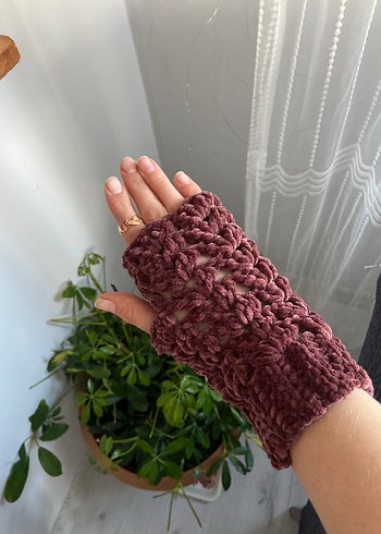 Kahverengi Örgü Bohem Kadın Eldiveni parmaksız eldiven - Görsel 9