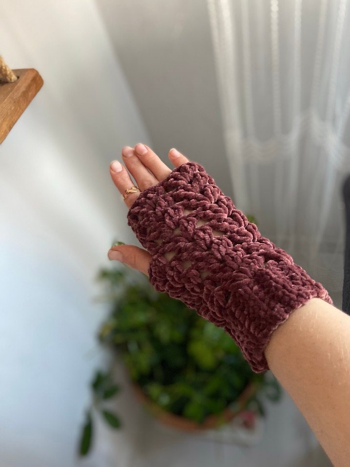 Kahverengi Örgü Bohem Kadın Eldiveni parmaksız eldiven - Görsel 3