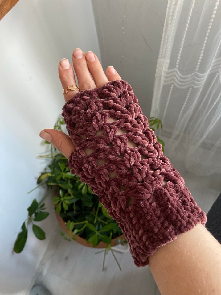 Kahverengi Örgü Bohem Kadın Eldiveni parmaksız eldiven - Görsel 2