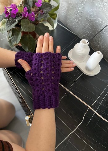 Mor Dantel Detaylı Örgü Eldiven parmaksiz eldiven - Görsel 7
