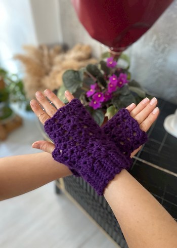 Mor Dantel Detaylı Örgü Eldiven parmaksiz eldiven - Görsel 10