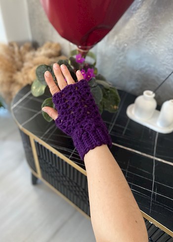 Mor Dantel Detaylı Örgü Eldiven parmaksiz eldiven - Görsel 4