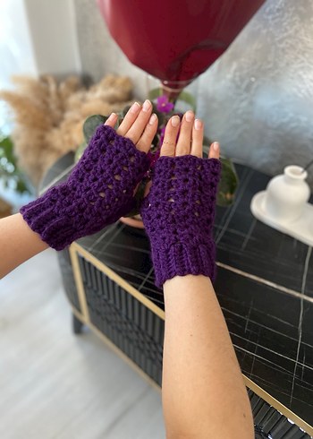 Mor Dantel Detaylı Örgü Eldiven parmaksiz eldiven - Görsel 6