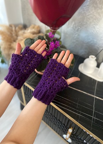 Mor Dantel Detaylı Örgü Eldiven parmaksiz eldiven - Görsel 3