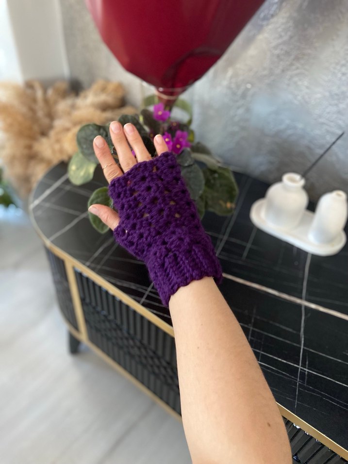 Mor Dantel Detaylı Örgü Eldiven parmaksiz eldiven - Görsel 4