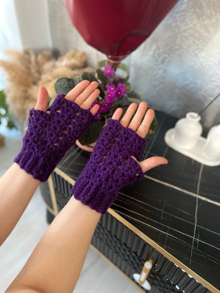 Mor Dantel Detaylı Örgü Eldiven parmaksiz eldiven - Görsel 3