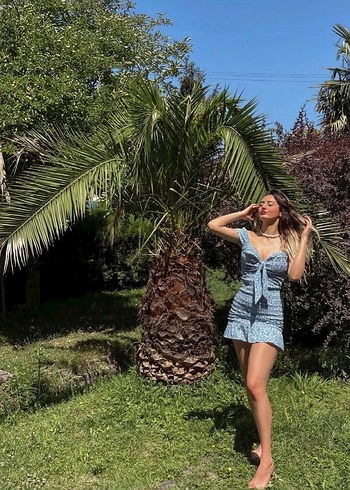 Mavi Bağlamalı Mini Bohem Elbise