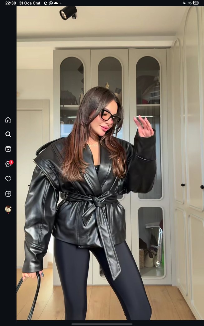 Kemerli Siyah Deri Kadın Ceket - Görsel 3