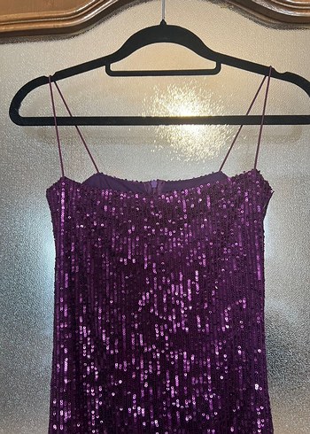 Armadio Mor Parlak Payetli Straplez Mini Abiye Elbise - Görsel 5