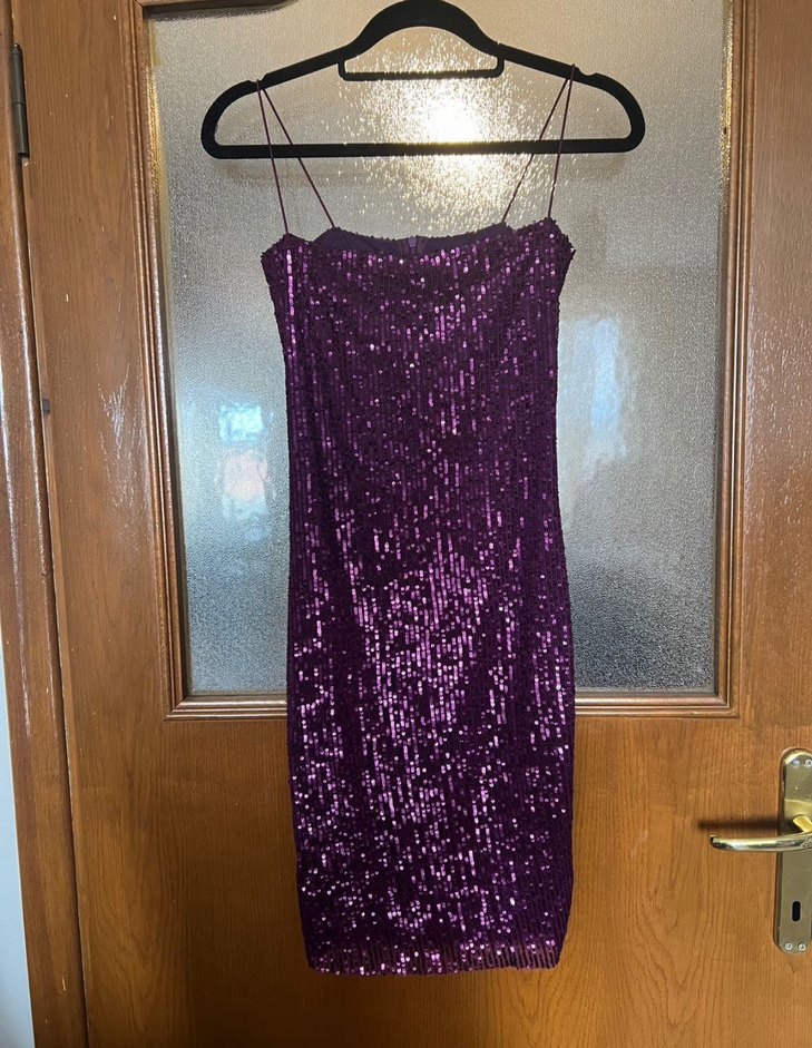 Armadio Mor Parlak Payetli Straplez Mini Abiye Elbise - Görsel 4