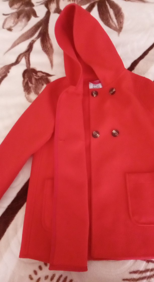 Kırmızı Kapüşonlu Düğmeli kiz cocuk kaban - Görsel 4