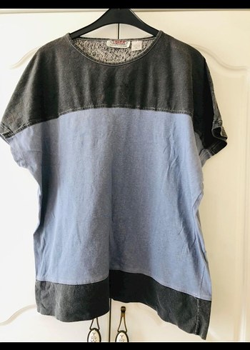 Kadın Gri-Mavi Batik Desenli Denim Tişört - Görsel 2