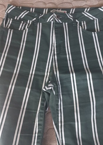 Çizgili Yeşil Kadın Kumaş Pantolon Koton - Görsel 2