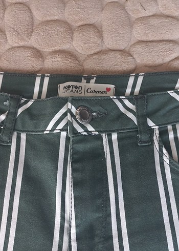 Çizgili Yeşil Kadın Kumaş Pantolon Koton - Görsel 3
