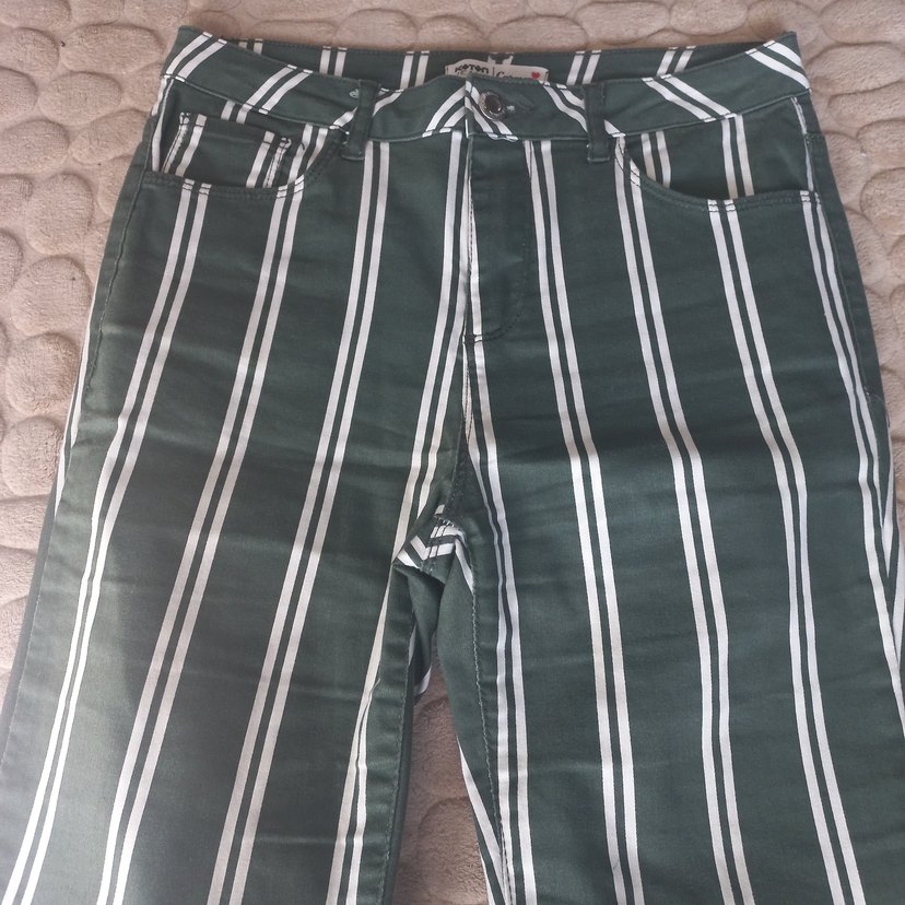 Çizgili Yeşil Kadın Kumaş Pantolon Koton - Görsel 2