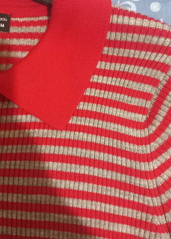 kırmızı gri çizgili düğmeli crop %100 akrilik üst - Görsel 2