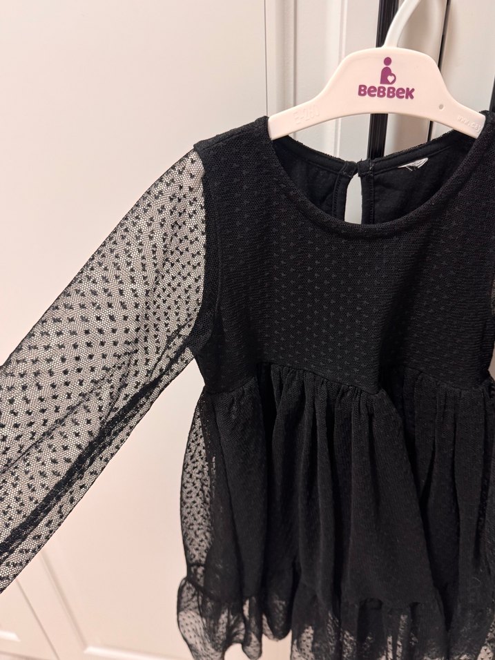 Kız Çocuk Siyah Uzun Kollu Fırfırlı Elbise - Görsel 2