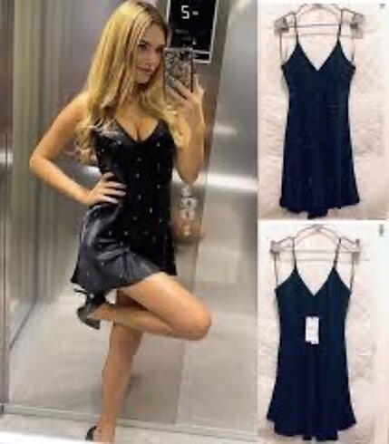 Zara kısa saten taşlı elbise