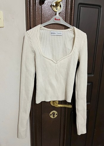 Bershka Ekru Fitilli V Yaka Triko Bluz