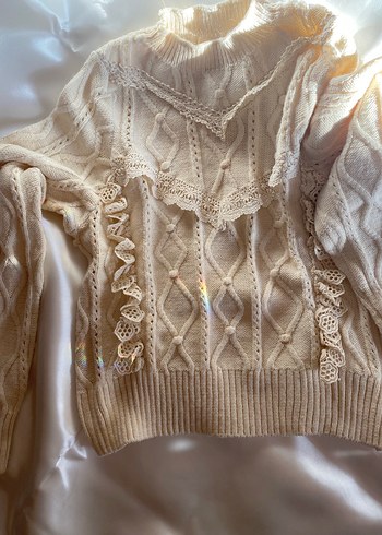 Bej Nakışlı Bohem Örgü Kadın Kazak - Görsel 2