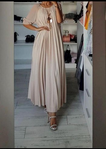 Bej Piliseli Uzun Bohem Elbise - Görsel 4