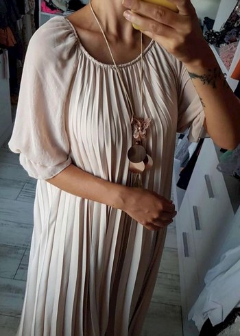 Bej Piliseli Uzun Bohem Elbise - Görsel 2