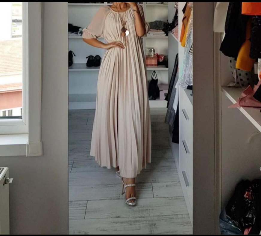 Bej Piliseli Uzun Bohem Elbise - Görsel 4