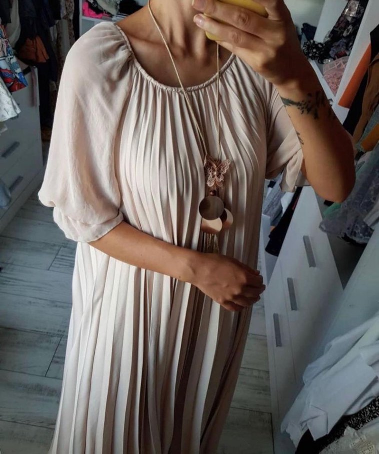 Bej Piliseli Uzun Bohem Elbise - Görsel 2