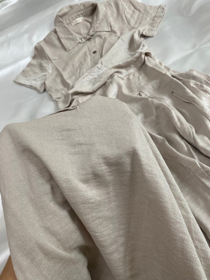 Gri Keten Uzun Elbise V Yaka - Görsel 3