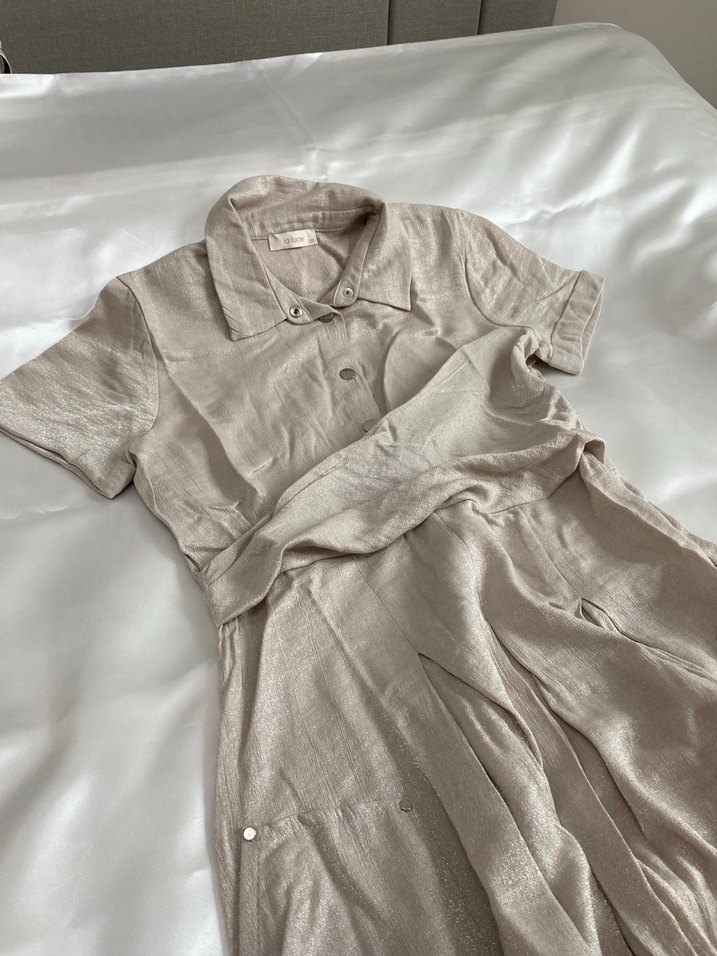 Gri Keten Uzun Elbise V Yaka - Görsel 2