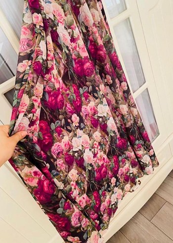 Pembe Çiçek Desenli Uzun Bohem Abiye Elbise - Görsel 5