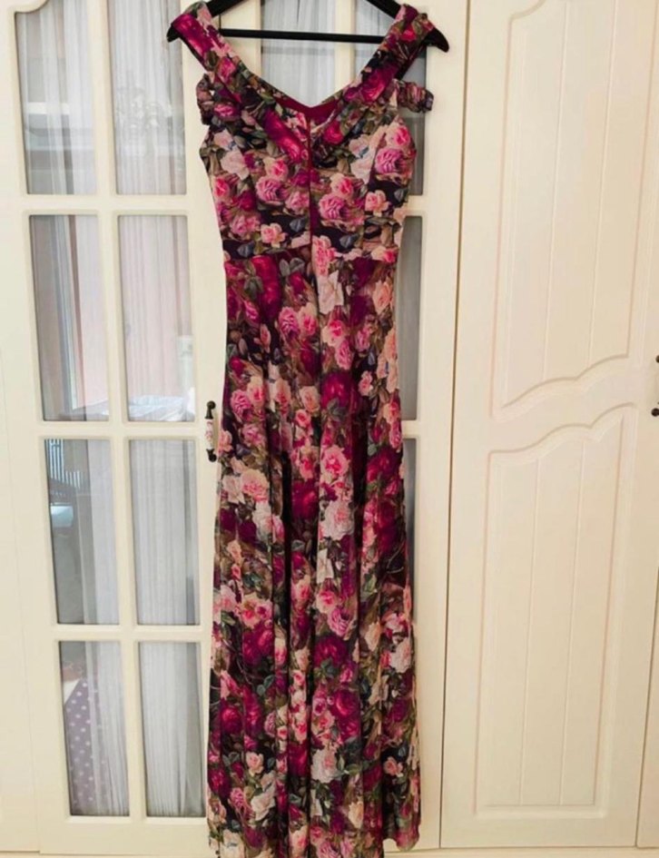 Pembe Çiçek Desenli Uzun Bohem Abiye Elbise - Görsel 4