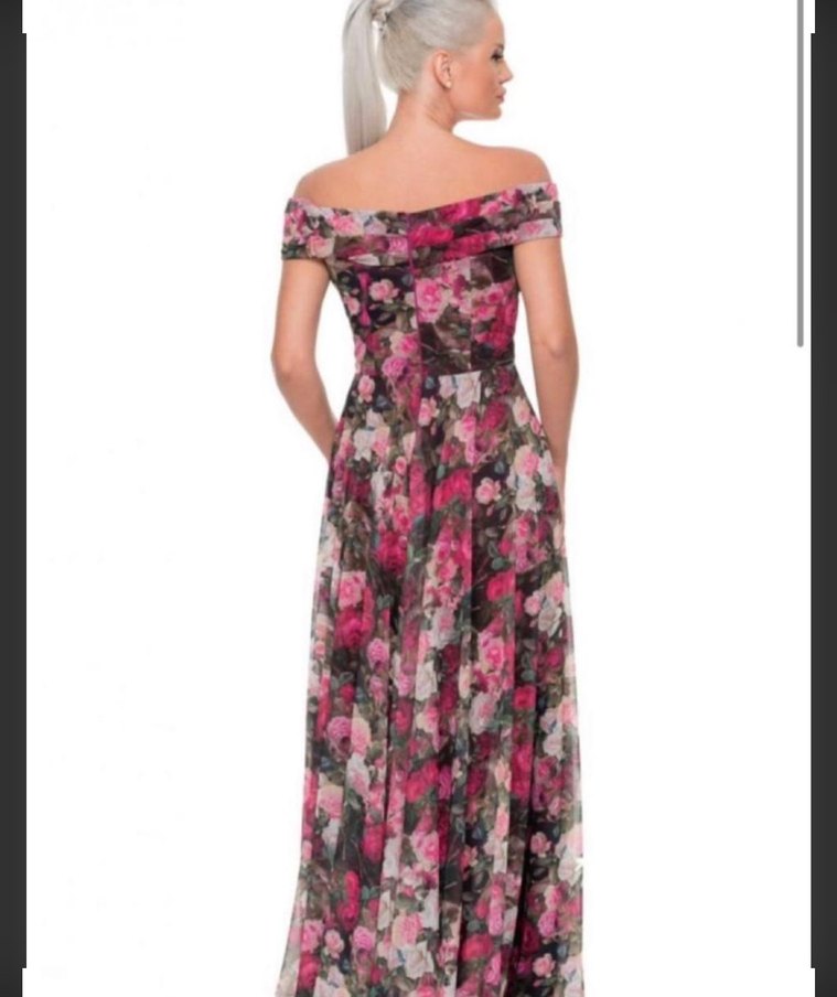 Pembe Çiçek Desenli Uzun Bohem Abiye Elbise - Görsel 2