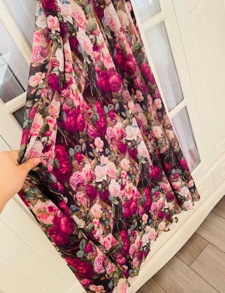 Pembe Çiçek Desenli Uzun Bohem Abiye Elbise - Görsel 5