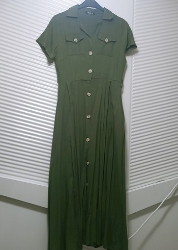 Düğmeli Kısa Kollu Uzun Keten Elbise - Görsel 2