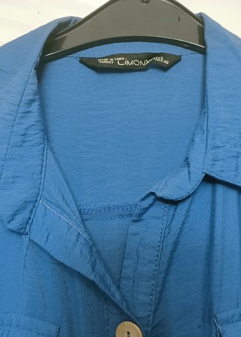 Mavi Uzun Keten Düğmeli Elbise - Görsel 2