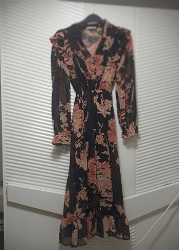 Drapeli Uzun Kol Bohem Uzun Elbise - Görsel 3