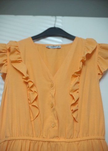 Turuncu Keten Uzun Volanlı Bohem Elbise - Görsel 2