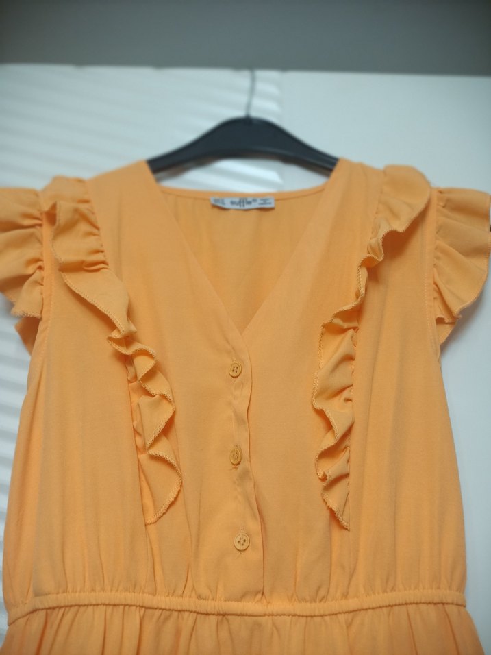 Turuncu Keten Uzun Volanlı Bohem Elbise - Görsel 2