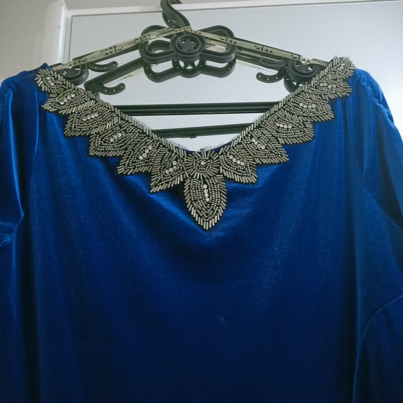 Lacivert Vintage Drape V Yaka Uzun kadife Elbisesi - Görsel 2