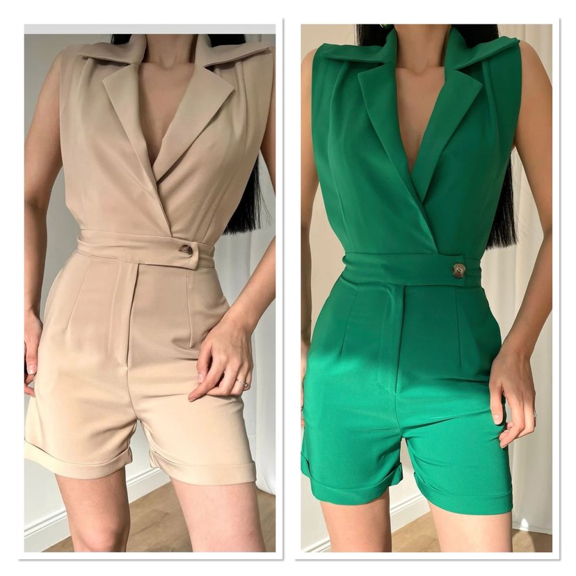 Yeşil Kemerli Kolsuz Mini Tulum - Görsel 2