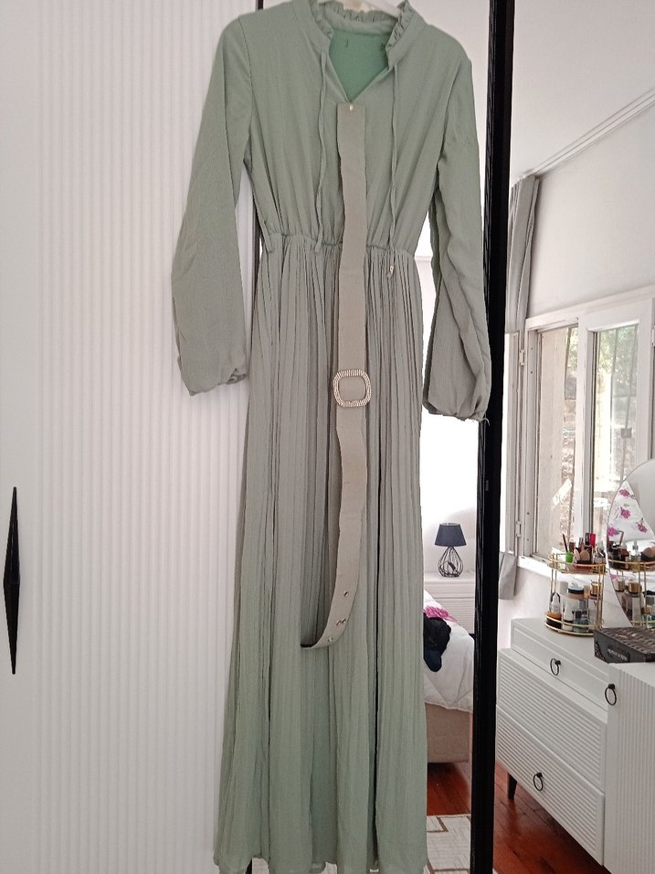 Uzun Kollu, Belden Kemerli Kadın Elbise - Görsel 2