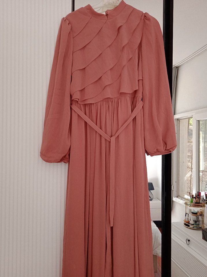 Pembe Uzun Kollu Fırfırlı Elbise - Görsel 4