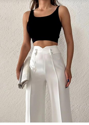 Beyaz Kemerli Kadın Kumaş Pantolon - Görsel 2