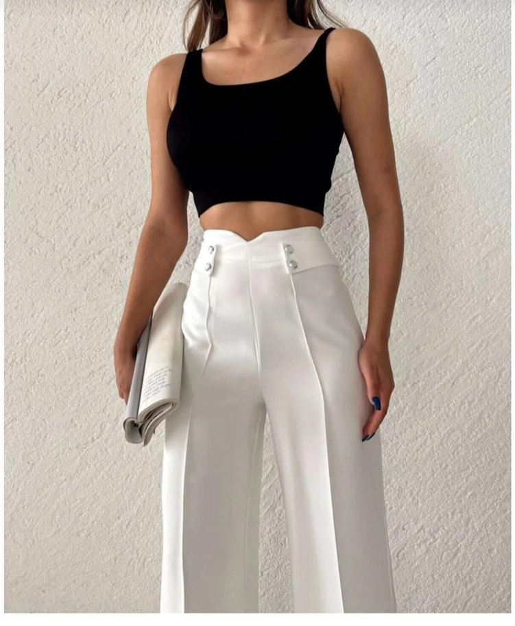 Beyaz Kemerli Kadın Kumaş Pantolon - Görsel 2